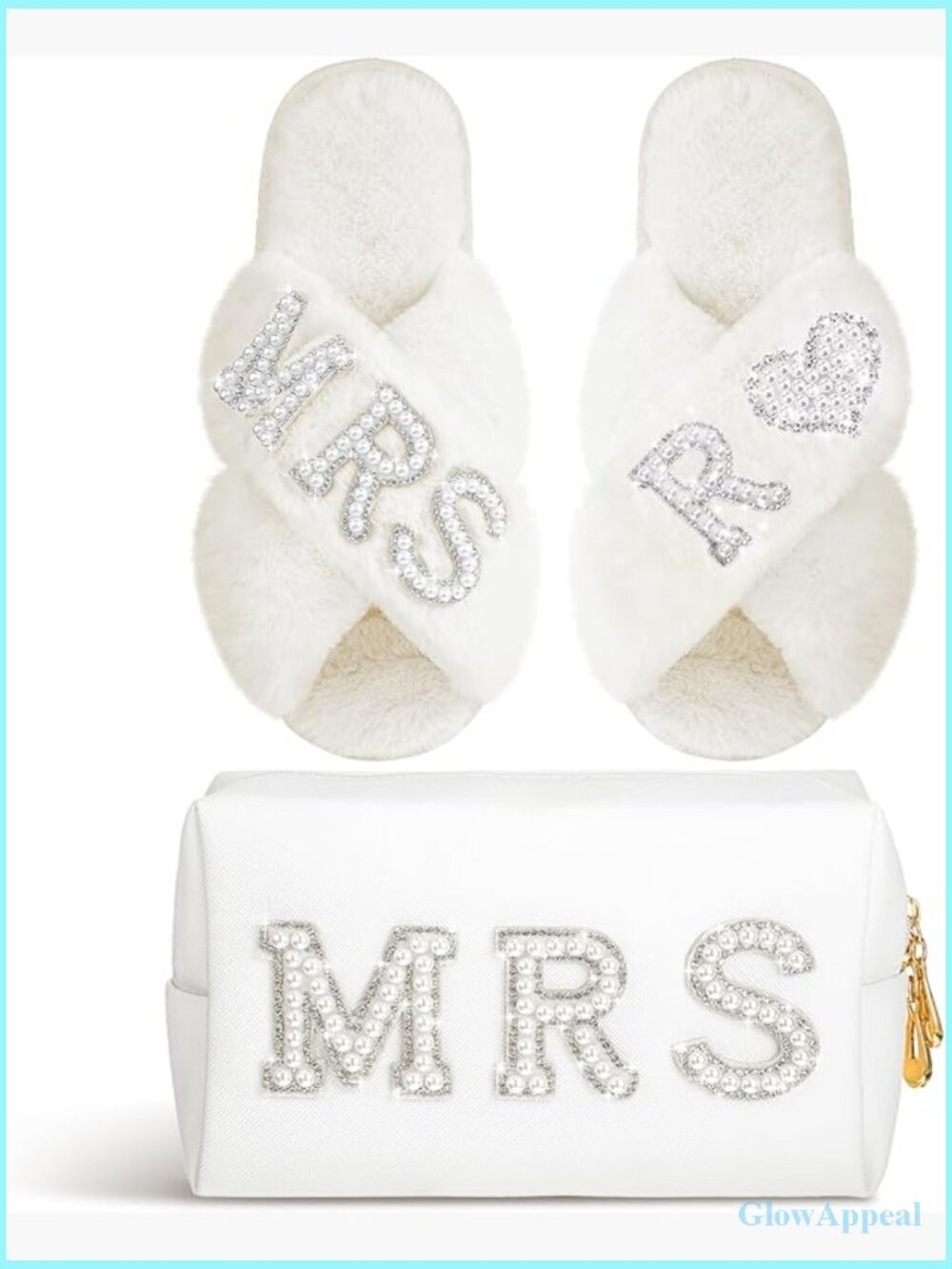 Personalized Bridal Slippers & Makeup Bag Set - Pearl Initial Wedding Party